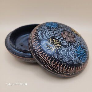 Lacquer Russian Trinket Box Hand Painted Flowers Blue Yellow Pink 4" - Vintage